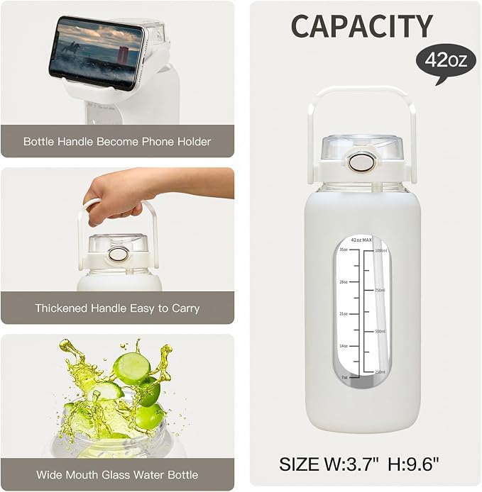 chunmo 42oz/52oz/64oz Glass Water Bolttles with Straw Half Gallon Large Motivational Water Bottle with Time Marker Sports Water Bottles with Silicone Sleeve and Handle Lid Water Jug for Gym Workout