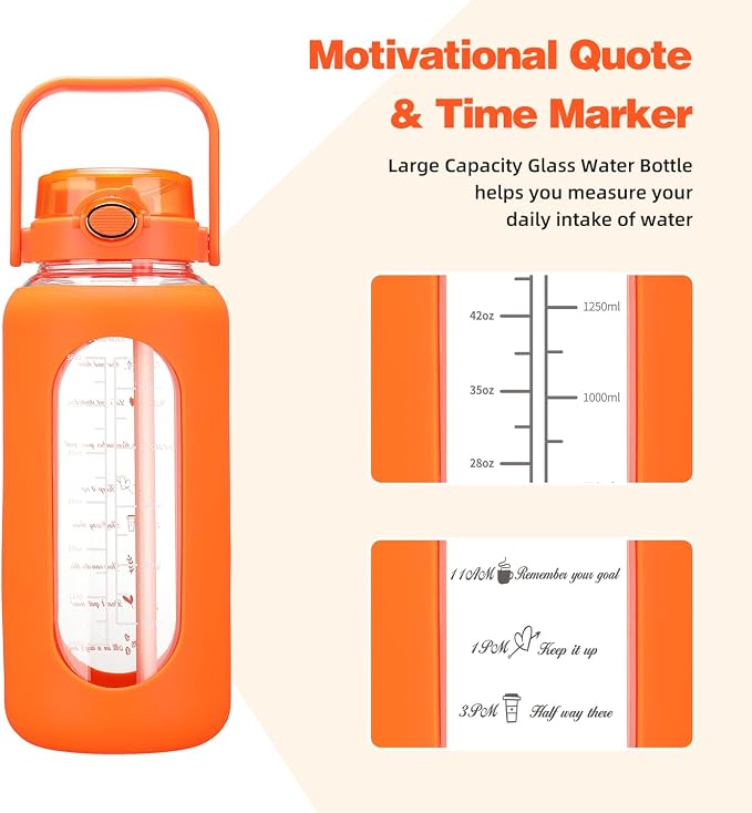 52 oz Glass Water Bottle with 2-in-1 Straw Lid Large Half Gallon Water Bottle with Time Marker & Removable Silicone Sleeve,Wide Mouth BPA-Free Borosilicate Bottle for Gym, Workout & Daily Use
