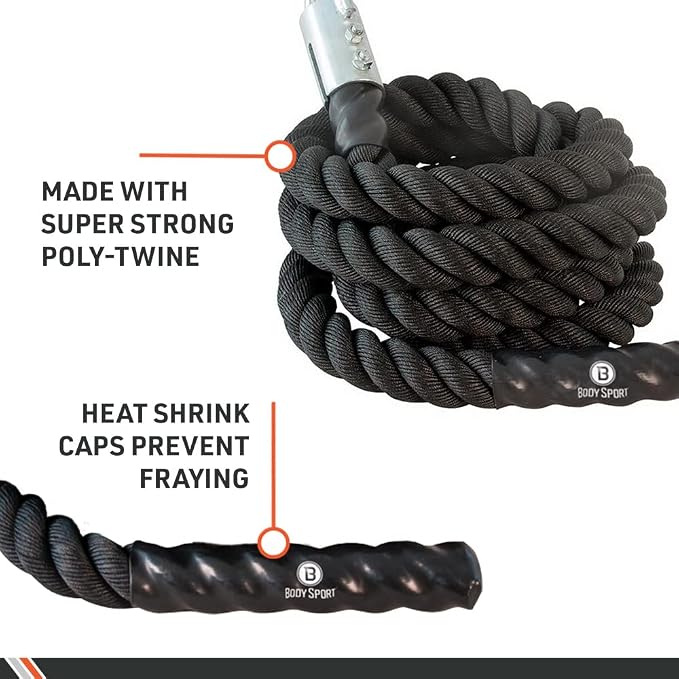 Body Sport Training Rope – Thick Battle Rope for Home or Gym Use, Long Durable Workout Rope – Made with Super-Strong Poly-Twine – Stands Up to Repeated Use Indoors & Outdoors