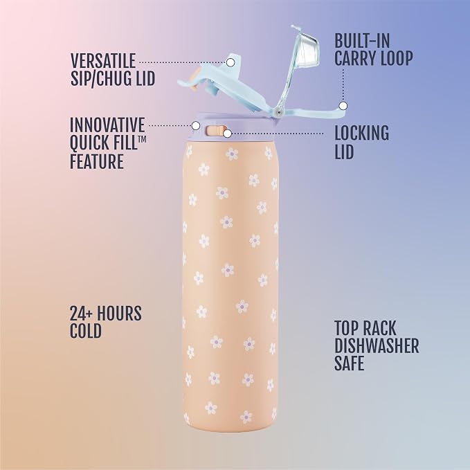Ello Pop & Fill Insulated Stainless Steel Water Bottle with Quick Fill Lid, Leakproof Locking, Sip or Chug Spout, BPA-Free, Double Wall Vacuum Insulated for Sports, Travel & School- 22oz / 32oz / 40oz