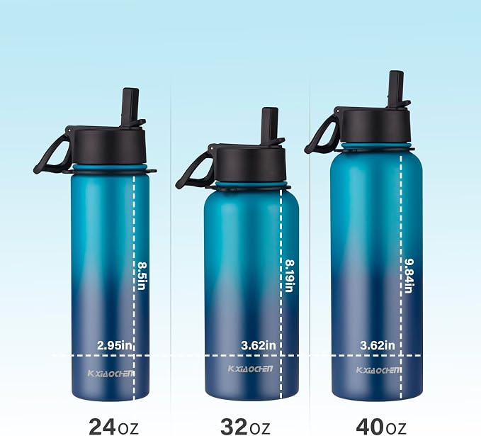KXIAOCHEN Insulated Water Bottle with Strap, 48-Hour Cold, 2 Lids | Triple-wall insulation, lead-free 18/8 Stainless steel, paracord handle, carabiner clip, for gym, hiking, camping and travel