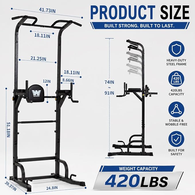 BARWING Pull Up Bar Station, Power Tower, Dip Station with 3D Backrest, Multi-Function Strength Training Stand Rack, Adjustable Height Dip Bar for Home Gym Workout Stand Fitness Exercise Equipment