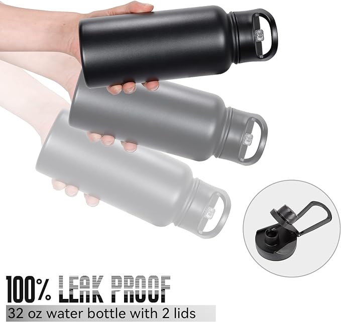32 oz Insulated Water Bottle Bulk 4 Pack, Stainless Steel Sports Water Bottles with Straw Lid & Wide Mouth Lids, Double Walled Vacuum, Leak Proof, Black