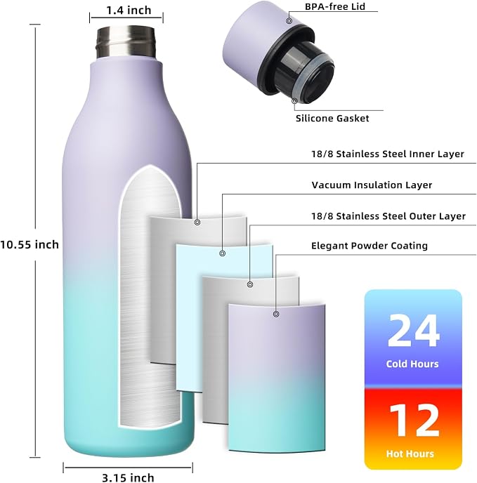 BJPKPK 25oz Insulated Water Bottle, Stainless Steel Bottle with Carry Strap | Keep Cold & Hot Vacuum Insulation, Leak-Proof BPA-Free Design, Slim Bottle Fits Most Cup Holders for Gym, Office & Travel