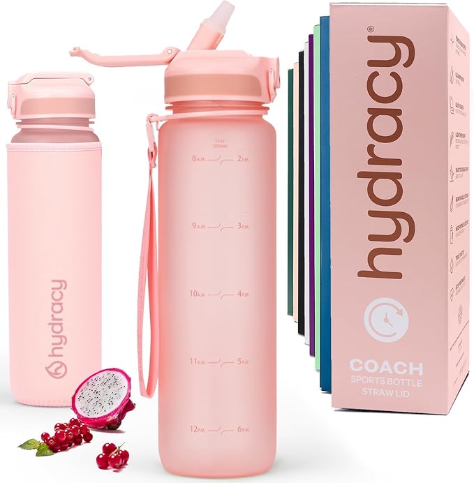 Hydracy Motivational Water Bottle with Time Marker and Straw Lid 32 oz | Leakproof,BPA Free,No Sweat Neoprene Sleeve,Carry Strap,Daily Intake Tracking for Fitness & Outdoors