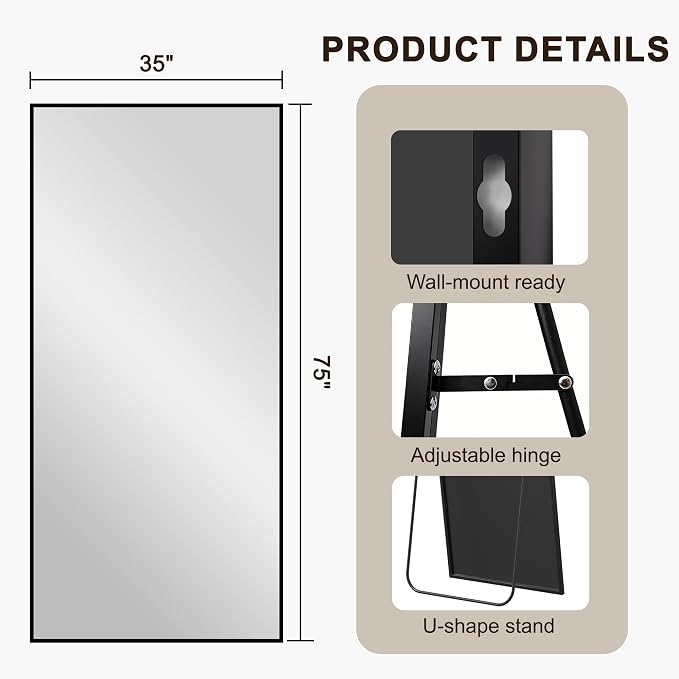 FICTOR Full Length Mirror with Stand, Floor Standing Mirror, 75"x35", Black | HD Shatterproof Glass, Free-Standing or Wall-Mounted, Full Body Mirror for Bedroom, Living Room, Dressing Room, Entryway