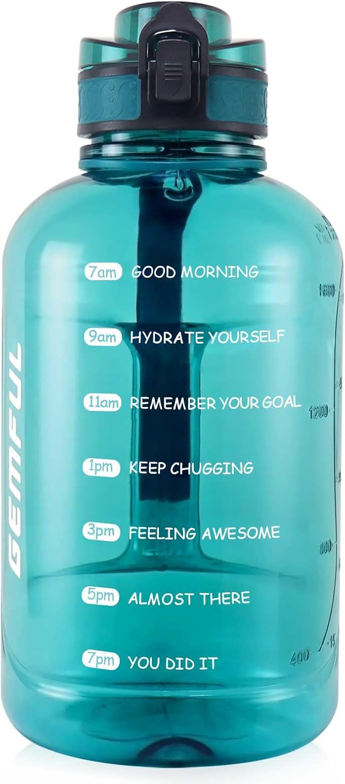 GEMFUL 64oz Motivational Water Bottle 2 Liter Sports Jug for Gym (Cyan) | BPA-Free, 64oz Capacity, Time Marker Tracks Daily Intake, Chug Lid, for Gym, Fitness, Hiking, Sport, Camping, Office, Travel