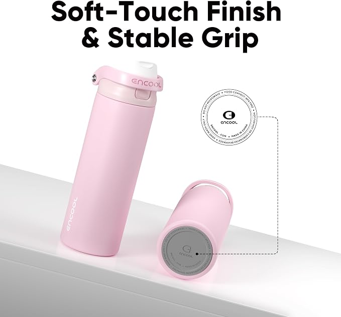 ENCOOL Leakproof Insulated Water Bottle with Straw Dual-Sip Water Bottle Bag-Safe Design for Work, Commute & Gym – Keeps Drinks Cold All Day, 24 oz, Poppy Pink