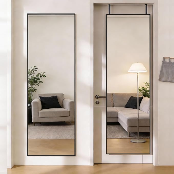 DUMOS 47"x14" Full Length Door Mirror, Full Body Mirror, Black | Aluminum Alloy Thin Frame, Leaning or Hanging, Suitable for Bedroom, Livingroom, Cloakroom