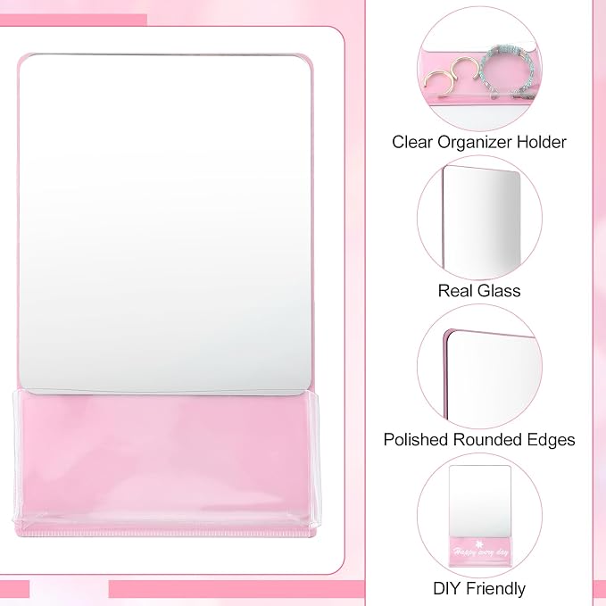 Cinnvoice 1 Pcs Magnetic Locker Mirror 6.69 x 5.51 Small Real Glass Mirror with Organizer Holder Bag and Magnet Backing Safe Pink Locker Accessory for School Cabinet Office Bathroom Gym Refrigerator