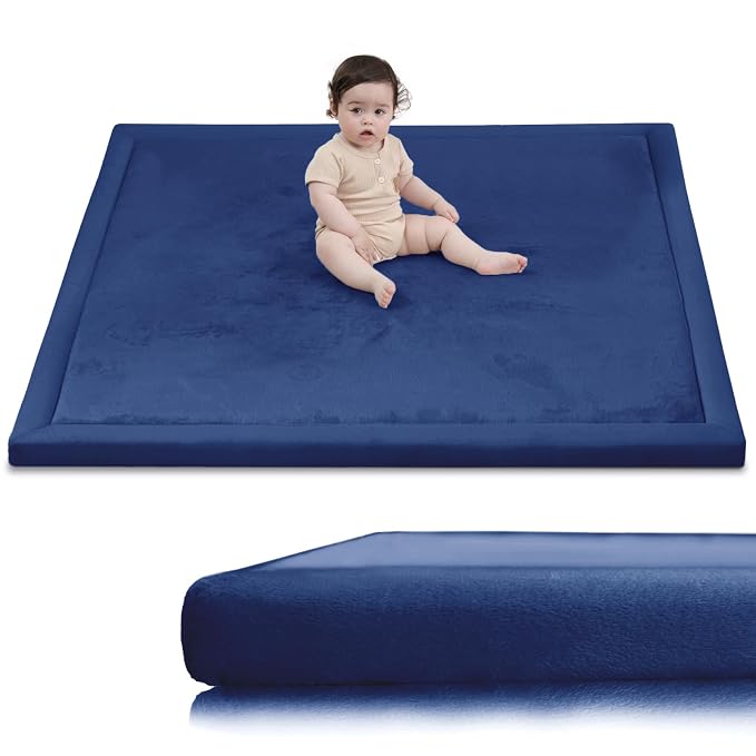 Huloo Sleep Baby Play Mat for Floor,1.3" Thick Elasti-Foam 50x50 Playpen Mat for Toddlers Infant Kids,Water-Repellent Soft Coral Velvet Tummy Time Non Slip Crawling,Tatami(Dark Blue)