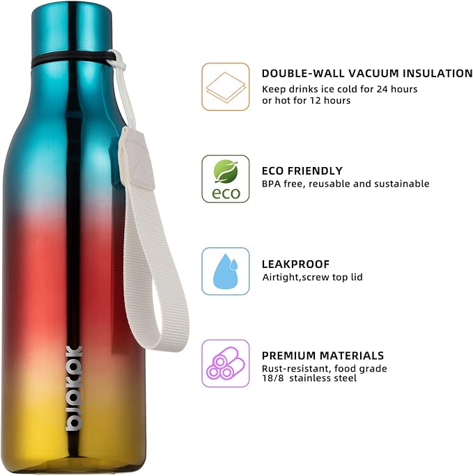 BJPKPK 18oz Insulated Water Bottle, Stainless Steel Bottle with Carry Strap | Keep Cold & Hot Vacuum Insulation, Leak-Proof BPA-Free Design, Slim Bottle Fits Most Cup Holders for Gym, Office & Travel
