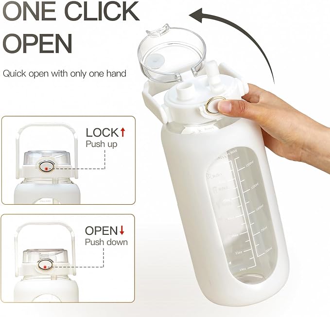 chunmo 42oz/52oz/64oz Glass Water Bolttles with Straw Half Gallon Large Motivational Water Bottle with Time Marker Sports Water Bottles with Silicone Sleeve and Handle Lid Water Jug for Gym Workout