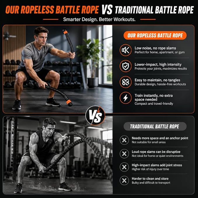 Ropeless Battle Ropes for Home Gym, Portable Cordless Battle Rope with Adjustable Resistance & Weighted Handles, HIIT Strength Training & Low-Impact Cardio Workout for Men & Women