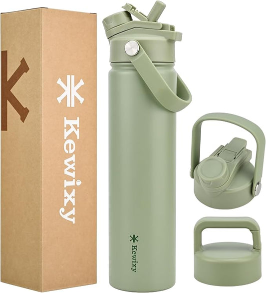 KEWIXY 24 oz Insulated Water Bottle, 2-in-1 Lid, Straw & Spout with Protected, Leak Proof, Keep Cold, Stainless Steel, Metal, Reusable, Handle, for Travel, Gym and School, 2 Lids, Sage Green