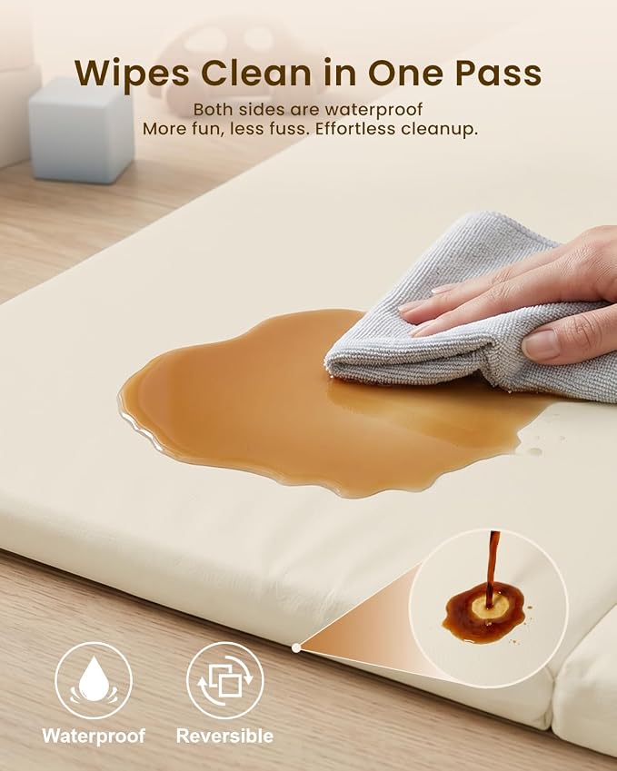 SEPARO Foldable Baby Play Mat,Vegan Leather 71x59 Baby Mat for Floor,Beige | Trifold Waterproof Playmat for Babies,Soft Foam Tumbling Mat,Wipe-Clean&Non-Slip Outdoor Mats,Playmate for Baby Tummy Time