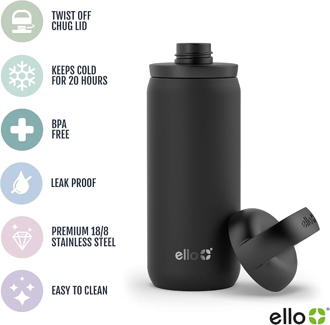 Ello Cooper Twist 18oz Insulated Stainless Steel Kids Water Bottle, Antigua | Leakproof kids water bottle with chug lid and carry loop. BPA-free, keeps drinks cold 23 hours, backpack friendly for school.