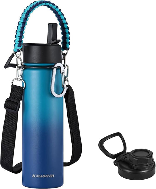 KXIAOCHEN Insulated Water Bottle with Strap, 48-Hour Cold, 2 Lids | Triple-wall insulation, lead-free 18/8 Stainless steel, paracord handle, carabiner clip, for gym, hiking, camping and travel