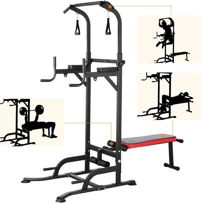 Multi-Function Power Tower with Folding Bench 4 Training Ropes | Pull Up Bar Stand with Adjustable Heights and Angles, Heavy-duty Frame, 400LBS Capacity, Home Gym Full-body Strength Training