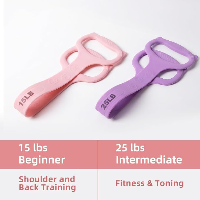 Figure 8 Resistance Band with Handles: 2 Pack Silicone Stretch Bands for Yoga, Pilates, Home Workout - 15LB 25LB Exercise Band Set for Arms, Back & Shoulder