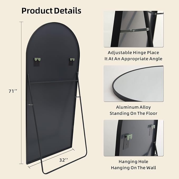 LFT HUIMEI2Y 71"x32" Arch Full Length Mirror, Black Floor Mirror | Tempered Oversized Mirror Full Body with Aluminum Alloy Frame; Standing, Leaning, or Wall Mount for Bedroom, Living Room