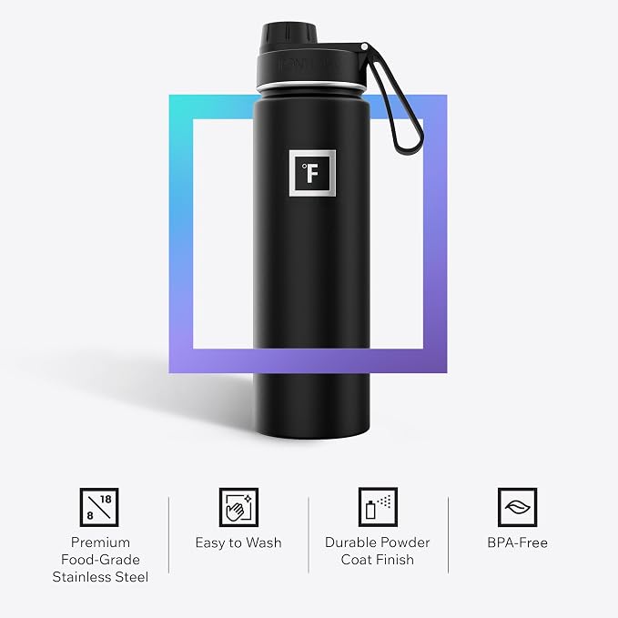 IRON °FLASK 24 oz Wide Mouth Water Bottle with Spout | Insulated Stainless Steel Sports Water Bottle with Leakproof Spout Lid - BPA Free, Cold 24 Hrs, Sweat Free (Black Marquina)
