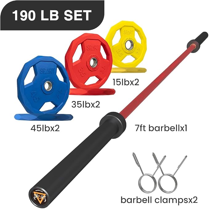 7FT Olympic Barbell Bar with Weight Plate Set Combo, Solid Olympic Bar with Bearings, 700Lbs Capacity Weight Bar for Home Gym Strength Training, Weightlifting, Powerlifting, Fit for 2" Olympic Plates