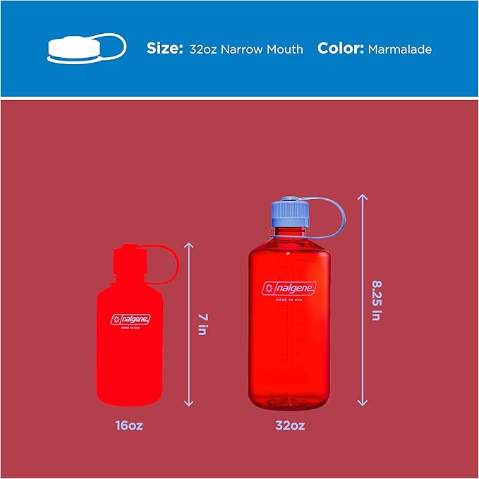Nalgene 32 oz Narrow Mouth Water Bottle, Marmalade Orange | BPA-Free, Durable & Lightweight, Leak Proof, Dishwasher Safe, Large Reusable Plastic Bottle for Hiking, Gym, Work & Travel