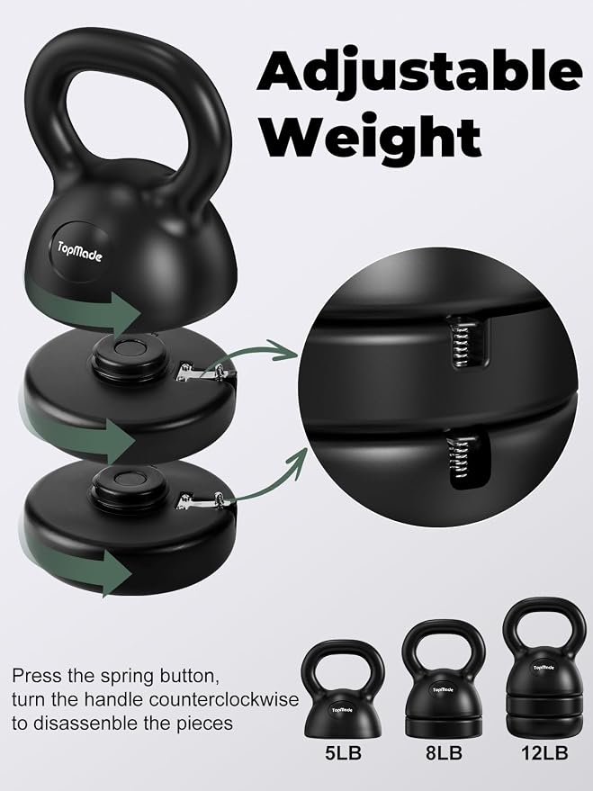 TopMade Adjustable Kettlebell Weights Set Cast Iron Exercise Fitness Kettle Ball Grip 5, 8, 9,12lb Free Weight Men Women Kettlebells for Home Gym Workout Ballistic, Core,Strength Training