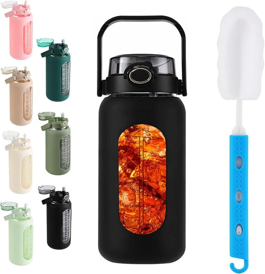 42 oz Glass Water Bottle with 2-in-1 Straw Lid Large Half Gallon Water Bottle with Time Marker & Removable Silicone Sleeve,Wide Mouth BPA-Free Borosilicate Bottle for Gym, Workout & Daily Use