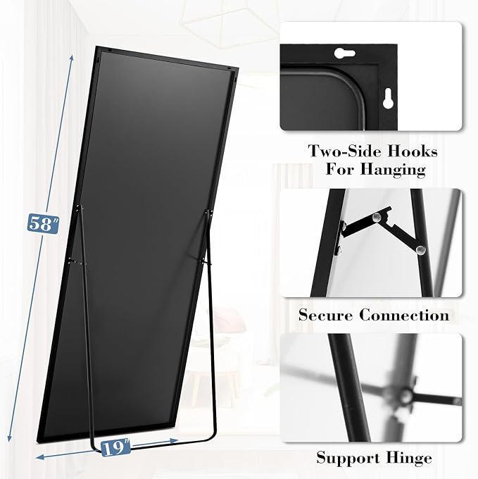 NEWBULIG 58"x19" Full Length Mirror, Full Body Standing Mirror, Black | Leaning or Standing, Tempered Glass, Aluminum Alloy Thin Frame Floor Stand for Bedroom, Cloakroom