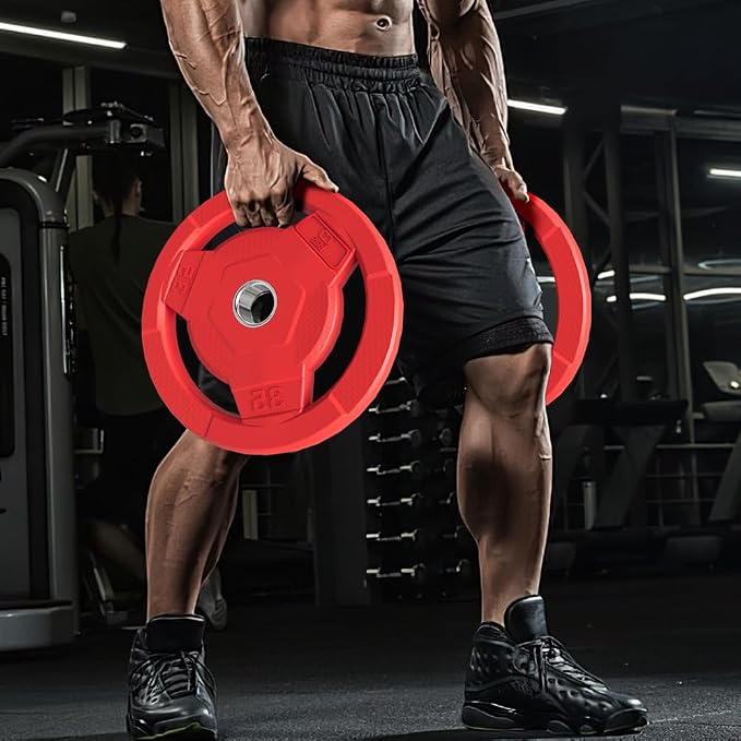Color Coded 2-Inch Rubber Coated Olympic Grip Plate for Barbell,Solid Cast Iron Weight Plates for Strength Training, Weightlifting, Home Gym, 2.5/5/10/15/25/35/45 LB, Single and Pair