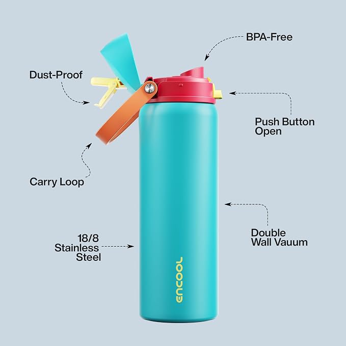 Insulated Water Bottle with Straw - Encool Stainless Steel Water Bottle with Push Button Lid, Leak-Proof & BPA-Free, Keeps Cold for 24 Hours for Sports, Travel, Gym (32 oz, Cerulean Blue)
