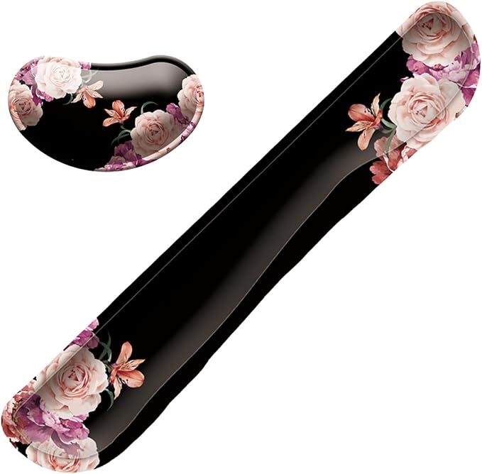 Keyboard Wrist Rest Mouse Wrist Support Set, Memory Foam Wrist Rest Pad for Computer Laptop Keyboard Mouse, Ergonomic Wrist Cushion Support for Typing Pain Relief, Gaming Home Office, Flowers Pink