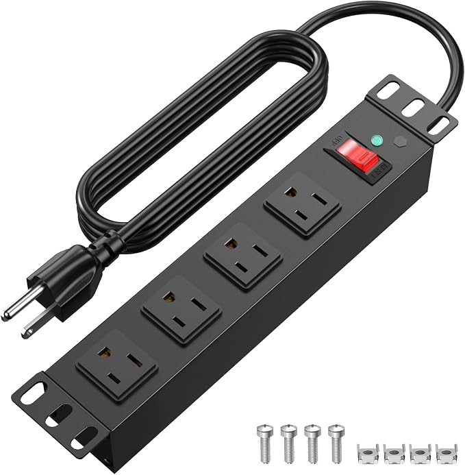 HEZI 10 Inch Rack PDU, 1U Rack Mount, 4 Outlets, 1200J Surge Protection | 15A Overload Switch,10FT 14AWG Extension Cord,for Mini Server Cabinet Network Rack,Black,ETL Listed