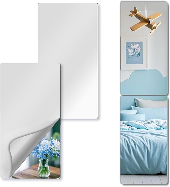 Unbreakable Mirror Tiles, 2PCS 24”x14” Peel And Stick on Mirror for Wall Mirrors Decorative, Toddlers for Kids Bedroom, Plastic Gym Frameless Door Small Adhesive Mirrors for Classroom Decor Stickers