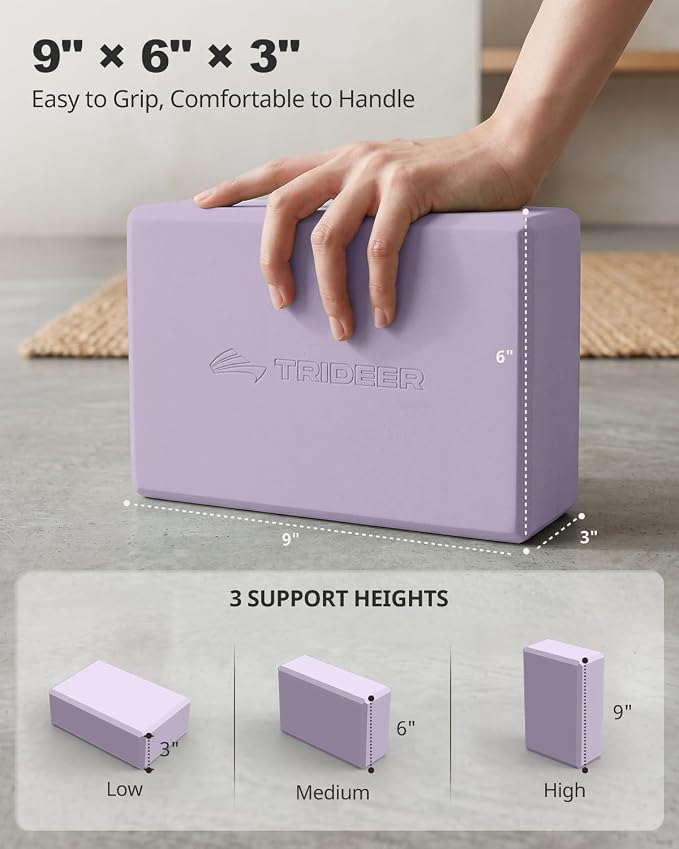 Trideer Yoga Blocks 2 Pack, Soft Non-Slip Foam Blocks with Beveled Edges for Alignment and Stretching in Yoga, Pilates, and Dance - Supportive, Lightweight, Odor Resistant, Latex-Free