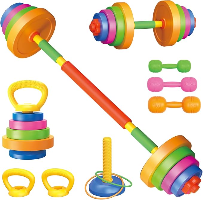 Kids Exercise Weight Set, Barbell and Dumbbell Workout Equipment, Toddler Beginner Gym Toy for Pretend Play Lifting Exercise & Fitness, Adjustable Fill with Sand or Water