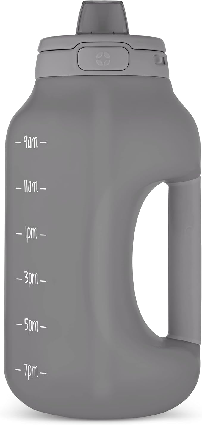 Ello Hydra 64oz BPA-Free Plastic Water Jug with Time Markers, Grey | Large plastic water bottle jug for all day hydration with time markers, carry loop, straw, leakproof lid, and BPA-free