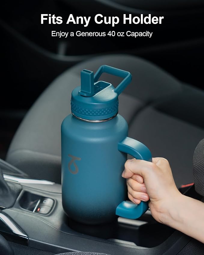 Trebo Insulated Water Bottle 40 oz Fits in Car Cup Holder with Side Handle | Stainless Steel Metal Tumbler with Straw Spout Lids, Triple-Wall Vacuum Copper Plated, Cold 48 Hrs Hot 24 Hrs for Travel, Gym
