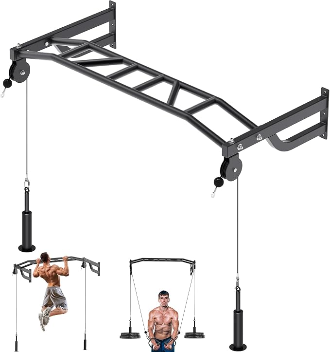 SELEWARE 48'' Heavy Duty Wall Mount Pull Up Bar with Cable Pulley System | Multi-function Chin up Bar with Cable Pulleys LAT Pulldown Attachments Heavy Bag Hanger for Home/Garage Gym Strength Training