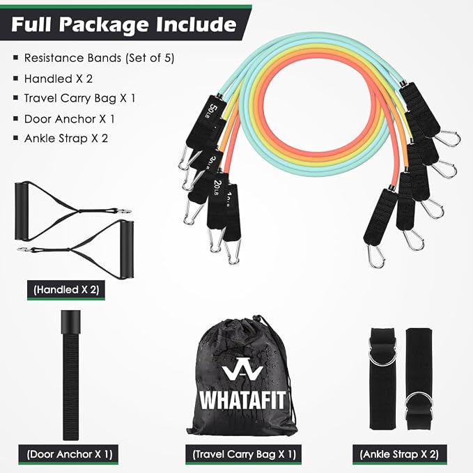 WHATAFIT Resistance Bands with Handles, 5-Level Exercise Bands for Workout | Natural latex,10-50 lbs, stackable to 150,Ankle Straps, Door Anchor,Guide. For Strength, Yoga,Home Gym,Travel & Workout.