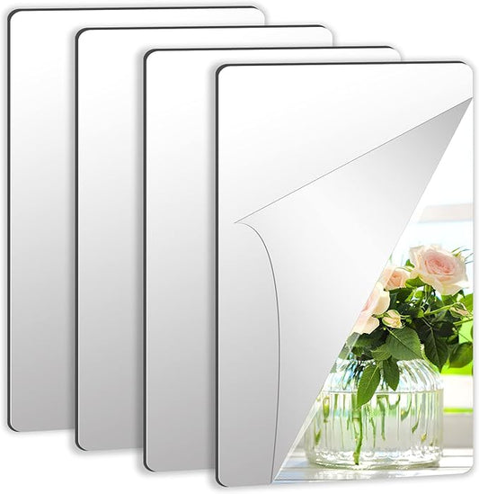 JUNEBRUSHS 4 Pack Self Adhesive Acrylic Mirror, 6X 9 Inch Mirror Tiles | Flexible Plastic Mirrors Sheets Wall Stickers,2MM Thick Mirrors,Frameless Small Mirror