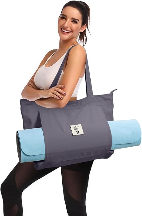 WLLWOO Yoga Mat Carrier Bag for Women Canvas Carryall Tote Gym Pilates | Large Holder Zipper Shoulder for Beach Travel Workout Fitness Office