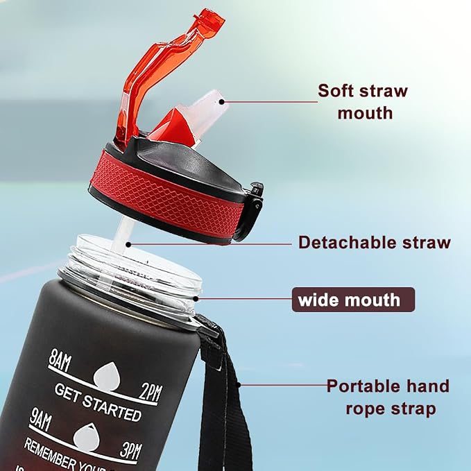 32oz Sports Water Bottle Outdoor, with Drinking Time and Capacity Labels, Sport Water Cups with Straw,BPA Free Leak Proof,for Fitness Gym Running Climbing (Black red)