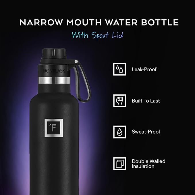 IRON °FLASK 24 oz Narrow Mouth Water Bottle with Spout | Insulated Stainless Steel Sports Water Bottle with Leakproof Spout Lid - BPA Free, Cold 24 Hrs, Sweat Free (Dark Rainbow)