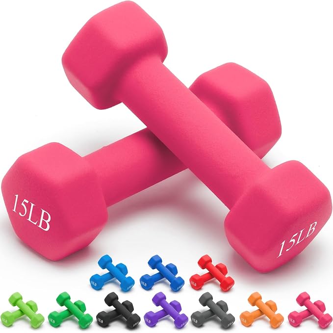Portzon Dumbbells Neoprene with Non Slip Grip weight for Total Body Workout Compatible with of 2 Set,1-15 LB, Anti-Slip, Anti-roll, Hex Shape