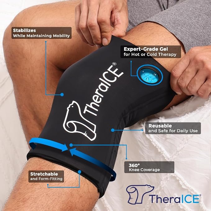 TheraICE Knee Ice Pack Wrap Compression Sleeve for Injuries, Reusable Gel Cold Packs Brace Also for Elbow, Ankle & Calf - Flexible Cold Wrap Recovery for Meniscus, ACL, MCL Pain Relief (L) (Pack of 2)