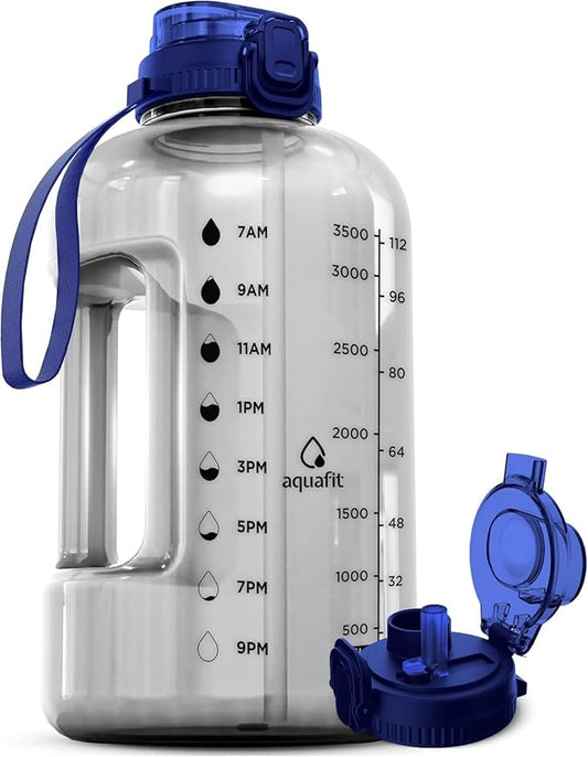 AQUAFIT 1 Gallon Water Bottle with Time Marker, 2in1 Lid | BPA Free 128 oz Water Bottle with 2in1 Straw and Chug Lid - Leakproof Gym Water Bottle with Carry Handle (Clarity)