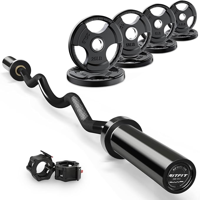 RitFit 2 Inch EZ Curl Bar Olympic Barbell with Weight Plates & Collar | 4FT EZ Curl Bar with 35LB Weight Plates, Collars for Bicep, Tricep Workout, Weightlifting, 350LBS Weight Capacity